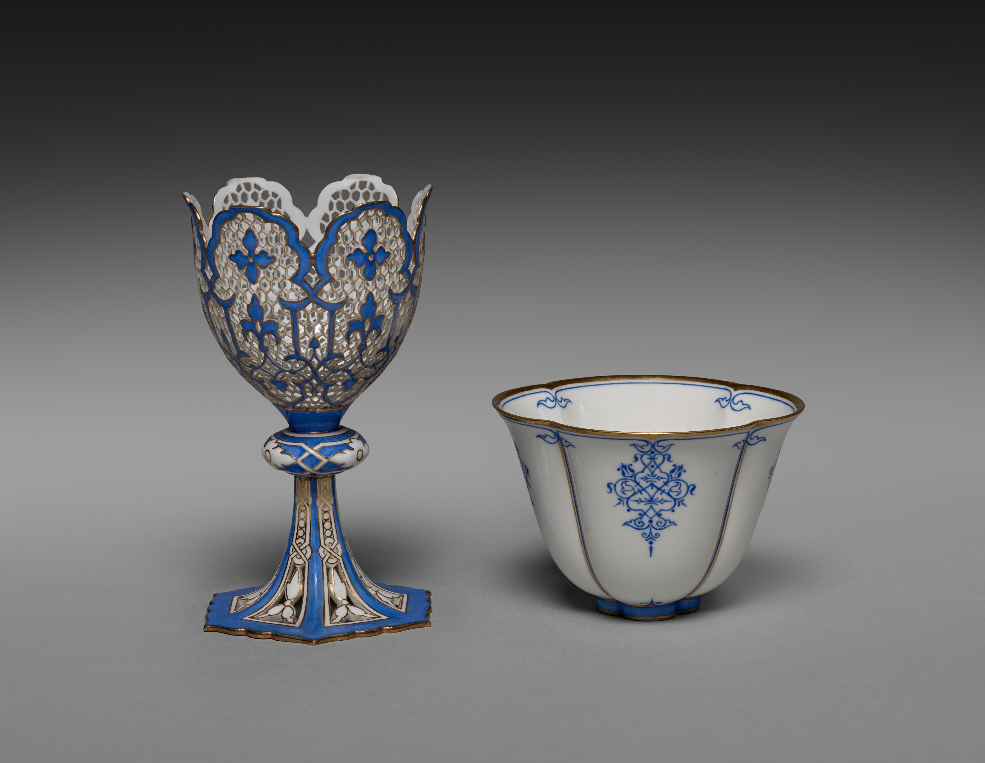 A French zarf and cup, made around 1848 to 1855, made of porcelain. Zarfs are often associated with coffee drinking in the Ottoman Empire, but many were made in Europe.
